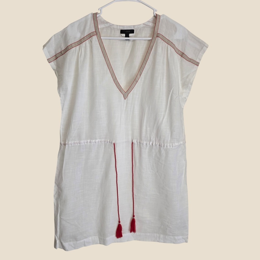 J Crew Womens Linen Blend Tunic Top Size Small White Tassel Beach Coastal Boho